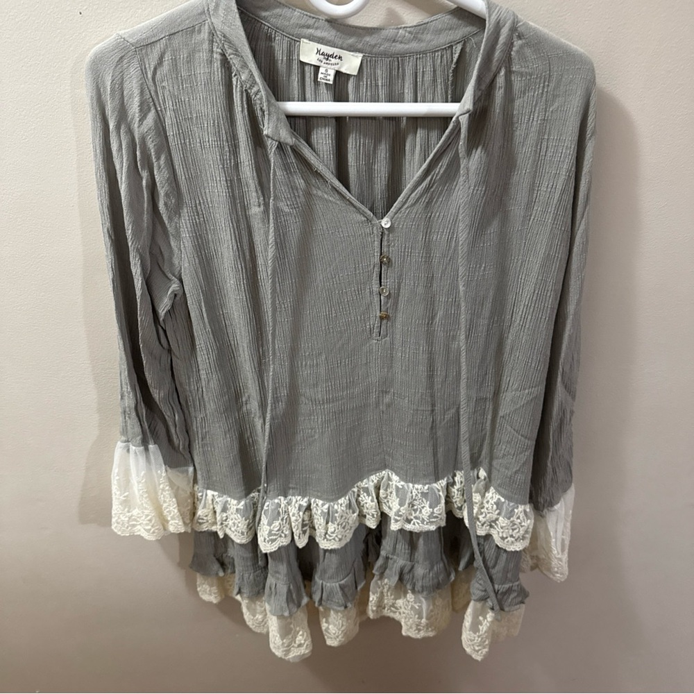 Hayden Gray Blouse with Cream Lace Detail